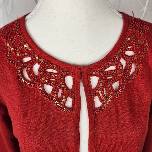Jones New York Red Linen Cotton Knit Sequin Cutout Cardigan - Picture 2 of 6
